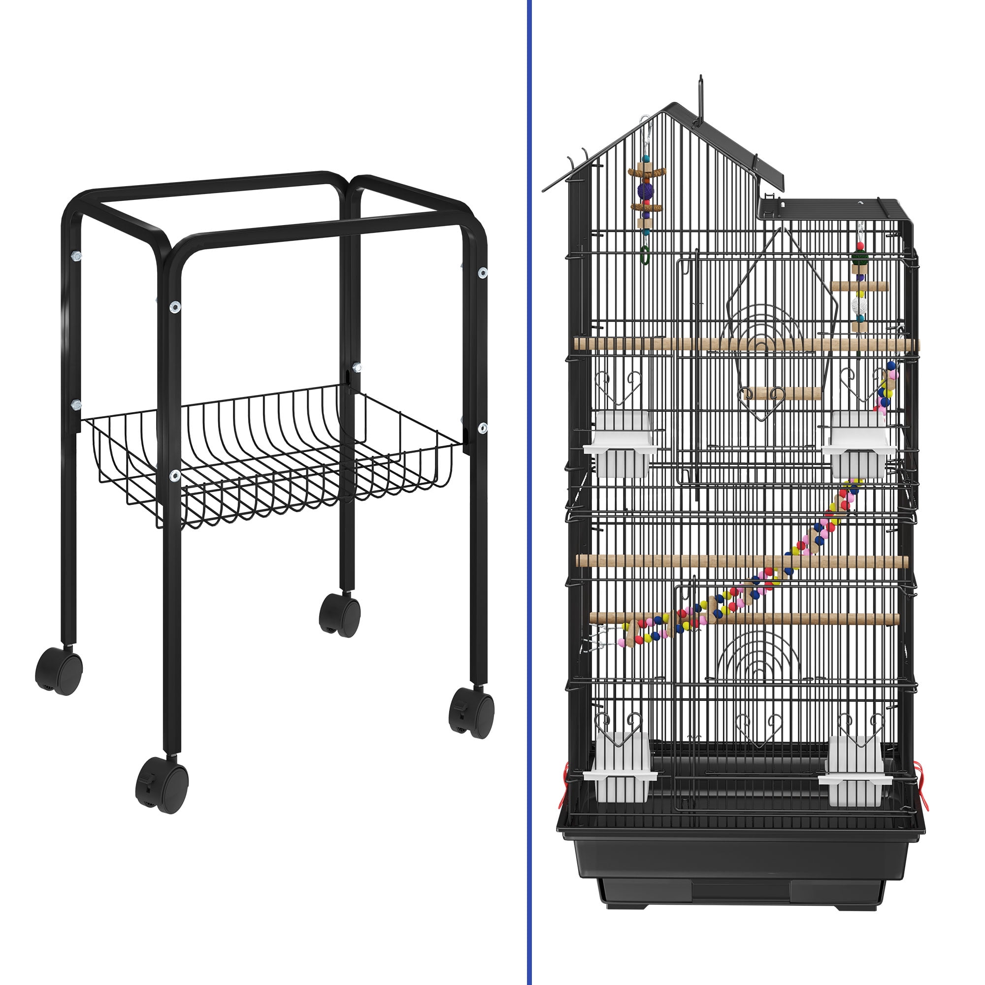 ModFusion 62" Metal Bird Cage Playtop Rolling Stand for Parakeet Lovebird Sun Conure Black