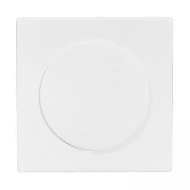 4 tapas decorativas para agujeros de cables de pared, para el hogar y la oficina blanco; vista frontal centrada de una tapa cuadrada 8,6 x 8,6 cm con disco circular presionable en el centro, polipropileno con acabado esmerilado, desmontable, distancia de orificio 5 cm; fondo neutro. Ideal para ocultar orificios de aire acondicionado y cableado.