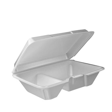 Compartment Foam Hinged Lid - Dart 205HT2, 9x6x3-Inch Performer White Two Compartment Foam Container with a Removable Hinged Lid, Carryout Food Disposable Containers (50)
