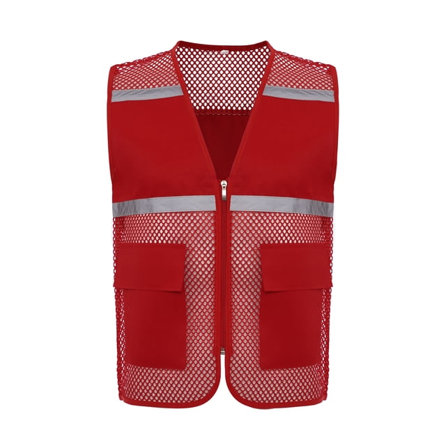 RUNQHUI Men Women Zipper High Visibility Reflective Safety Vest Construction Work Mesh Fabric Work Clothes Red 165