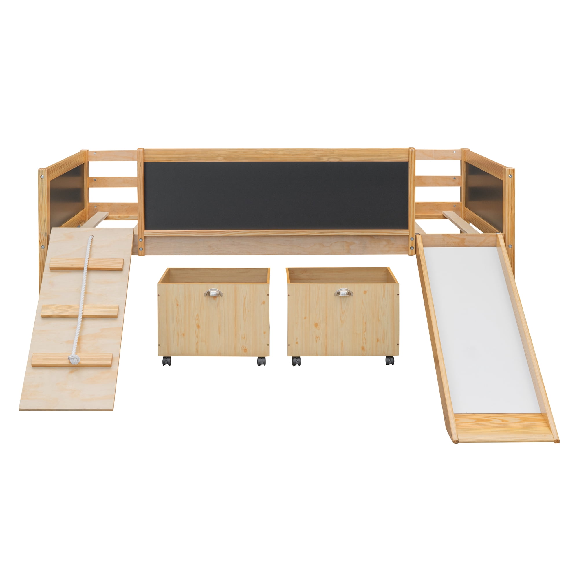 Gewnee Twin Size Wood Loft Bed with Slide,Climbing Frame,Two Movable Drawers and Chalkboard for Kids,Natural