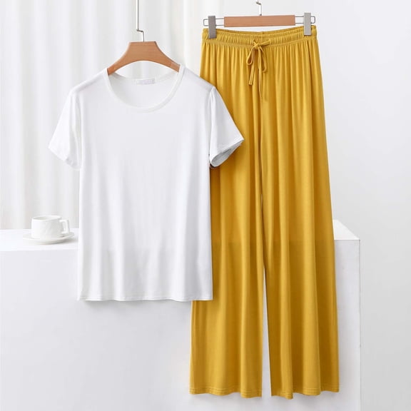 Blmnix Modal Pajamas Sleepwear for Women Sleepwear Sets 2 Piece Pajamas Wide-Leg Crew Neck Short Sleeve Yellow Long Womens Pajama Pants,M
