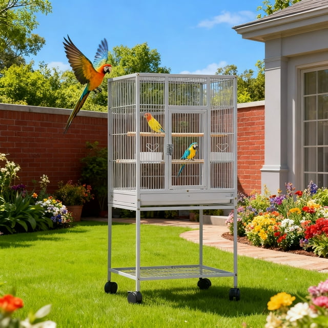 Yiwa 41" Steel Frame Bird Cage, Large Metal Parrot Cage with Play Open Top, Rolling Stand, and Slide-Out Tray for Indoor Macaws, Cockatiels, and Conures
