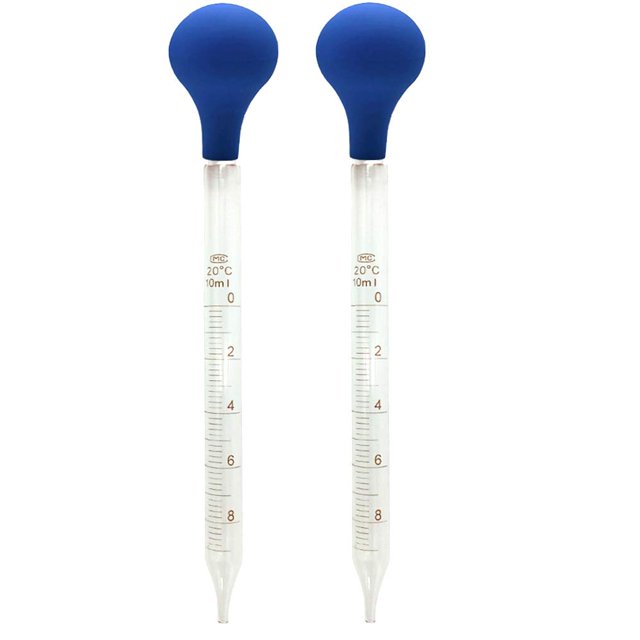 Pipetas cuentagotas graduadas de vidrio OESS con tapas de goma azules, 10 ml, paquete de 2