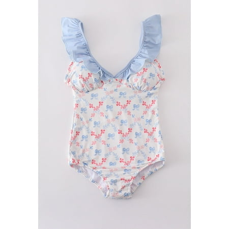 Blue bow lattice print mom swimsuit (L)