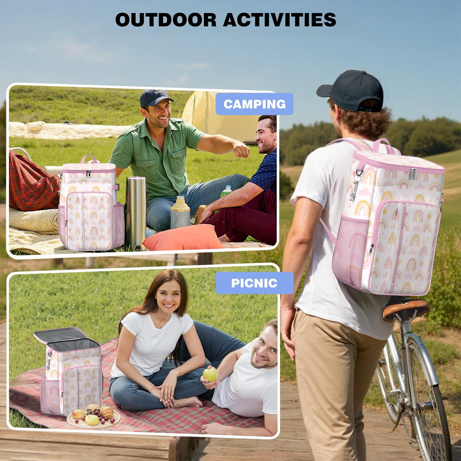 Camping Cooler Backpack 26 Cans,Soft Backpack Coolers Insulated Leak Proof Travel Cooler Bag Waterproof Lunch Picnic Beach Work Trip Thermal Bag Drink Beverage Beer Bag Cooler Rainbow Cartoon