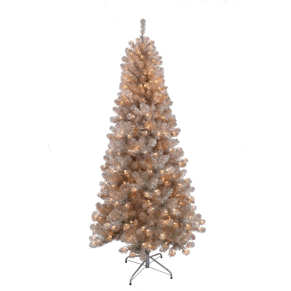 6.5’ PreLit Rose Gold Tinsel Artificial Christmas Tree Clear Lights