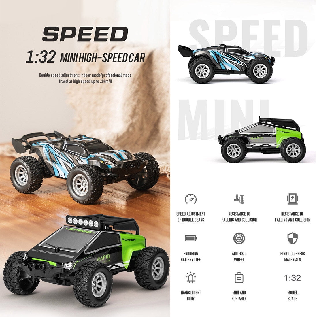 1/32 RC Off-Road Drift Car for Adults, 2.4GHz Mini Electric 4WD Crawler, 20KM/H Full Proportional Remote Control Vehicle RTR Model for Hobbyists