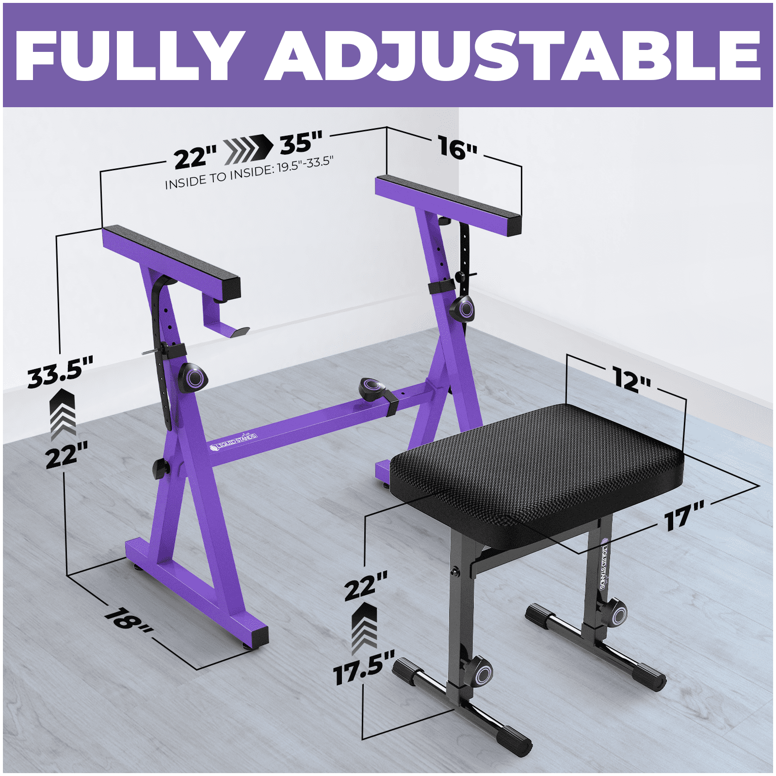 Liquid Stands Purple Piano Keyboard Music Stand and Adjustable Piano Bench, Chair, Stool Set - Fits 54-88 Key Electric Pianos