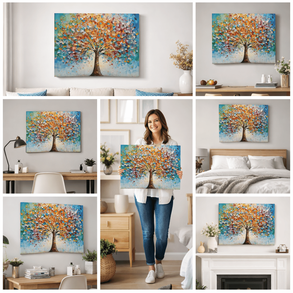 Abstract Tree of Life Canvas Wall Art, Large Colorful Leaf Tree Painting, Farmhouse Modern Textured Artwork for Bedroom Living Room Office, Ready to Hang