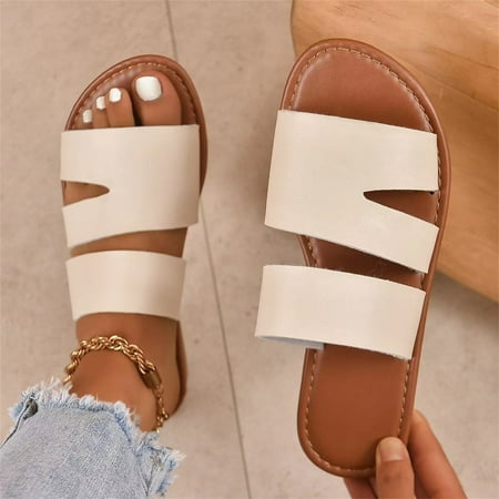 

Aayomet Women s Slippers Ladies Fashion Summer Solid Color Leather Open Toe Flat Bottom Beach Slippers Beige 7