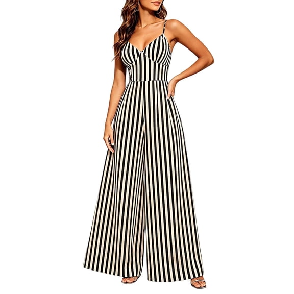 PBFRDSJ Women's Summer Striped Tube Romper Backless Adjustable Spaghetti Strap Tie Back Rompers Boho Flowy Loose One Piece Jumpsuits