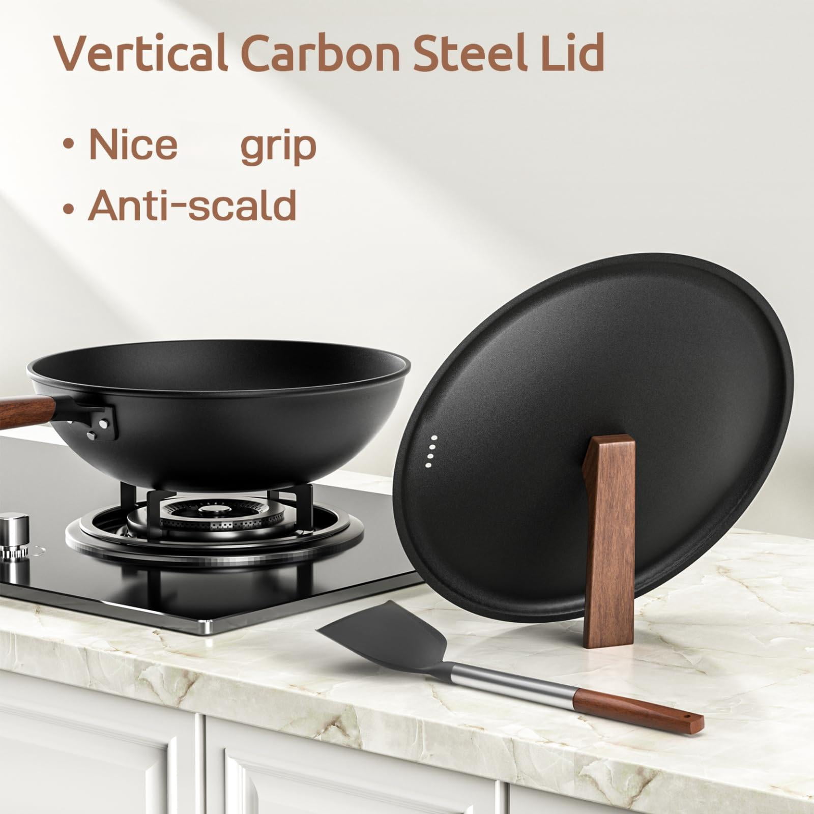 13-inch Pre-seasoned Carbon Steel Wok with Lid and Spatula for stovetop cooking