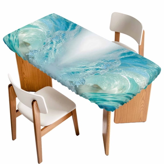 Teal Blue Coastal Wave Table Cloths for 5 Foot Rectangle Tables, Modern Summer Ocean Beach Sea Patio Waterproof Elastic Fitted Tablecloths, Washable Rectangular Table Cover for Camping