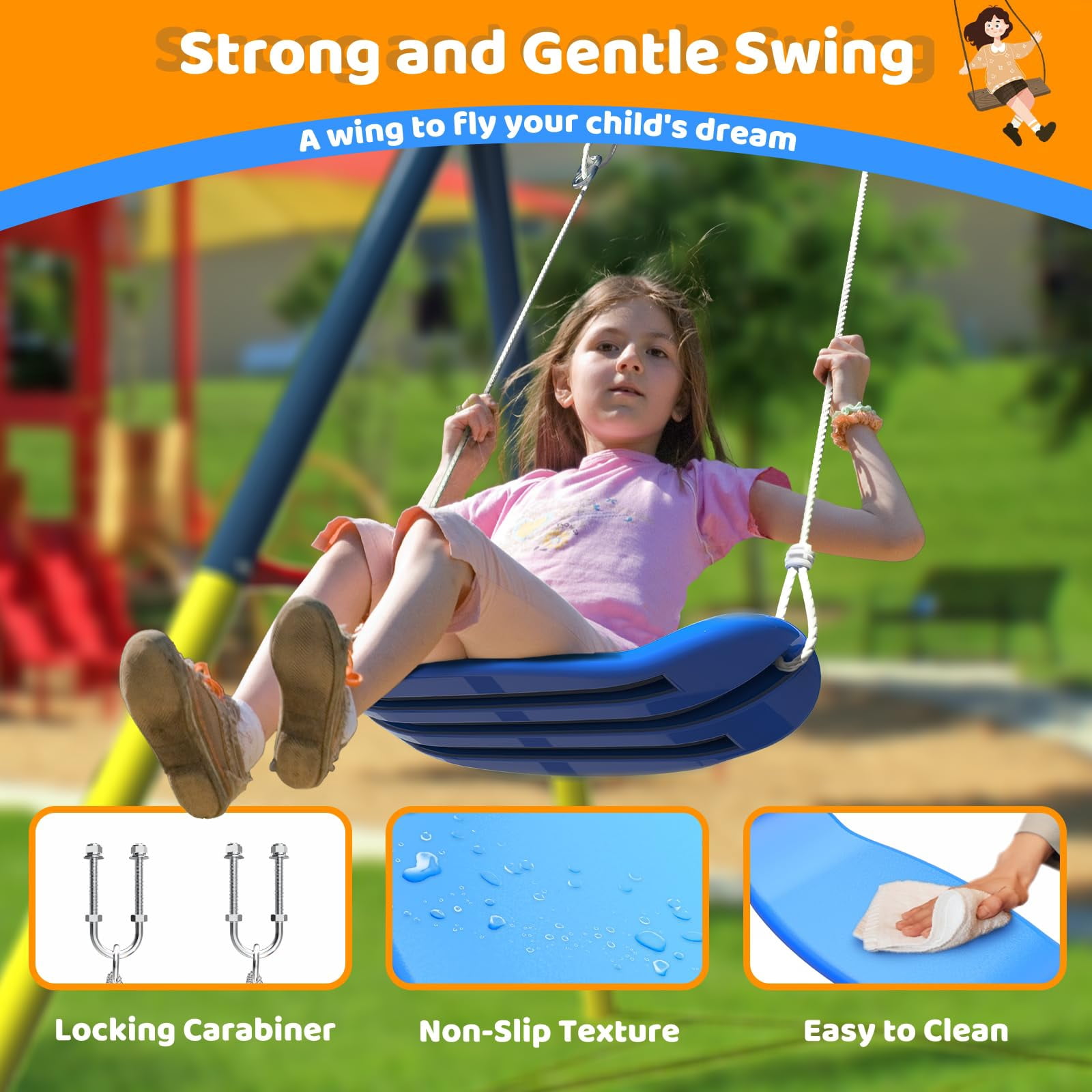 Swing Sets for Outside Backyard, Metal Toddler Swing with Heavy-Duty A-Frame, Outdoor Swing Stand with 1 Saucer Swing Seat & 1 Belt Swings Seat, 440LBS, Blue