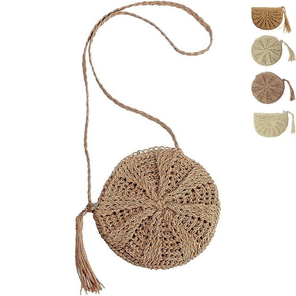 CHUANK Sac en Paille pour Femmes Sac Bandoulière Simple en Paille Été Petits Sacs de Plage avec Tressage à Pampilles Sac en Raphia Fait à la Main Sac à Bandoulière Bohème pour Voyage (Beige-2)