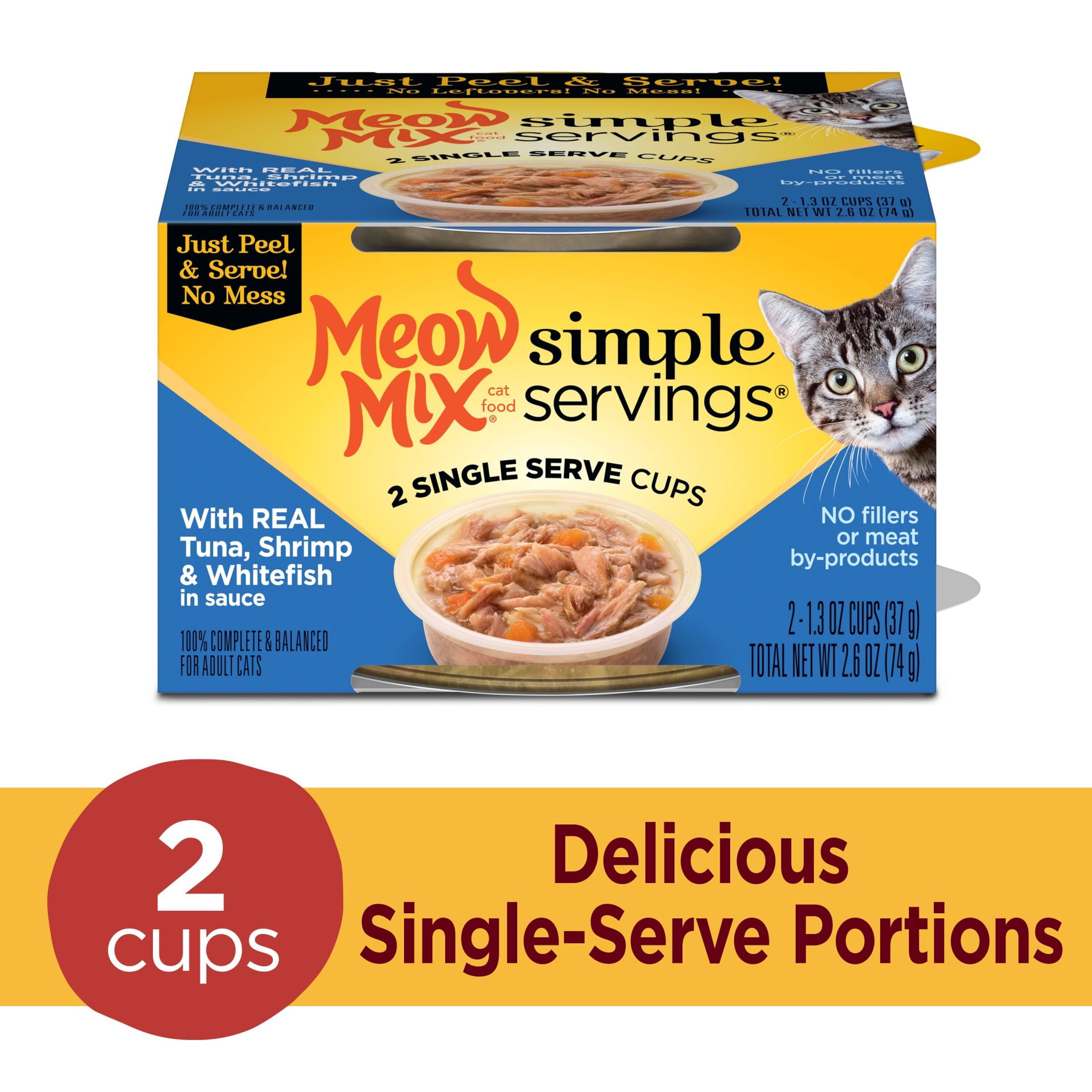 Meow Mix Simple Servings Wet Cat Food with Real Tuna, Shrimp & Whitefish in Sauce, 2.6 oz, Pack of 2 (Packaging May Vary)