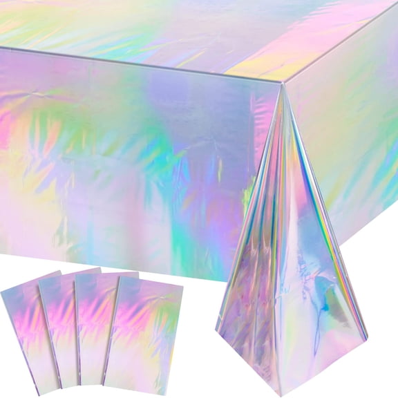 Iridescent Plastic Tablecloths Disposable, 4 Pack Rainbow Holographic Table Covers 54x108 Inch, for Galentines Day, Birthday, Disco, Bachelorette, Wedding, Party Decor