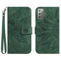 Mantto for Samsung Galaxy Note 20 6.7 inch Wallet Case with Wrist Strap,Stylish Sunflower Embossed PU Leather Shockproof Protective Magnetic Clasp Flip Kickstand Card Slots Phone Cover,Green
