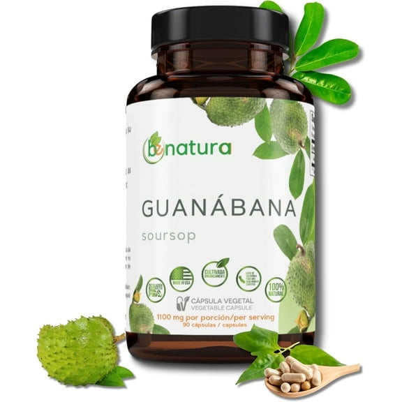 Guanabana (Soursop) 90 Capsules 1100 mg per Serving Powerful Blend of 100% Natural Premium Ingredients, Vegetable, Cultivada Organicamente |Organically Grown