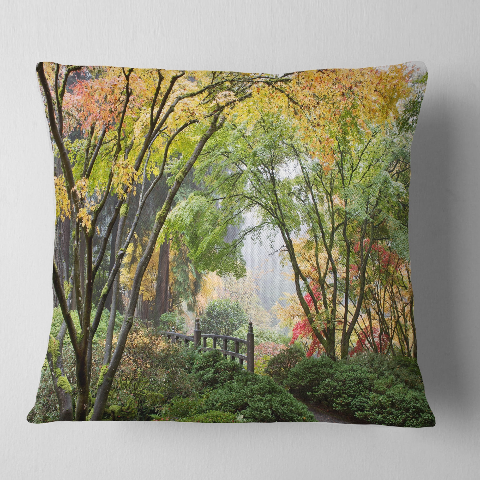 Designart Maple Tree Canopy by Bridge - Photography Throw Pillow - 18x18