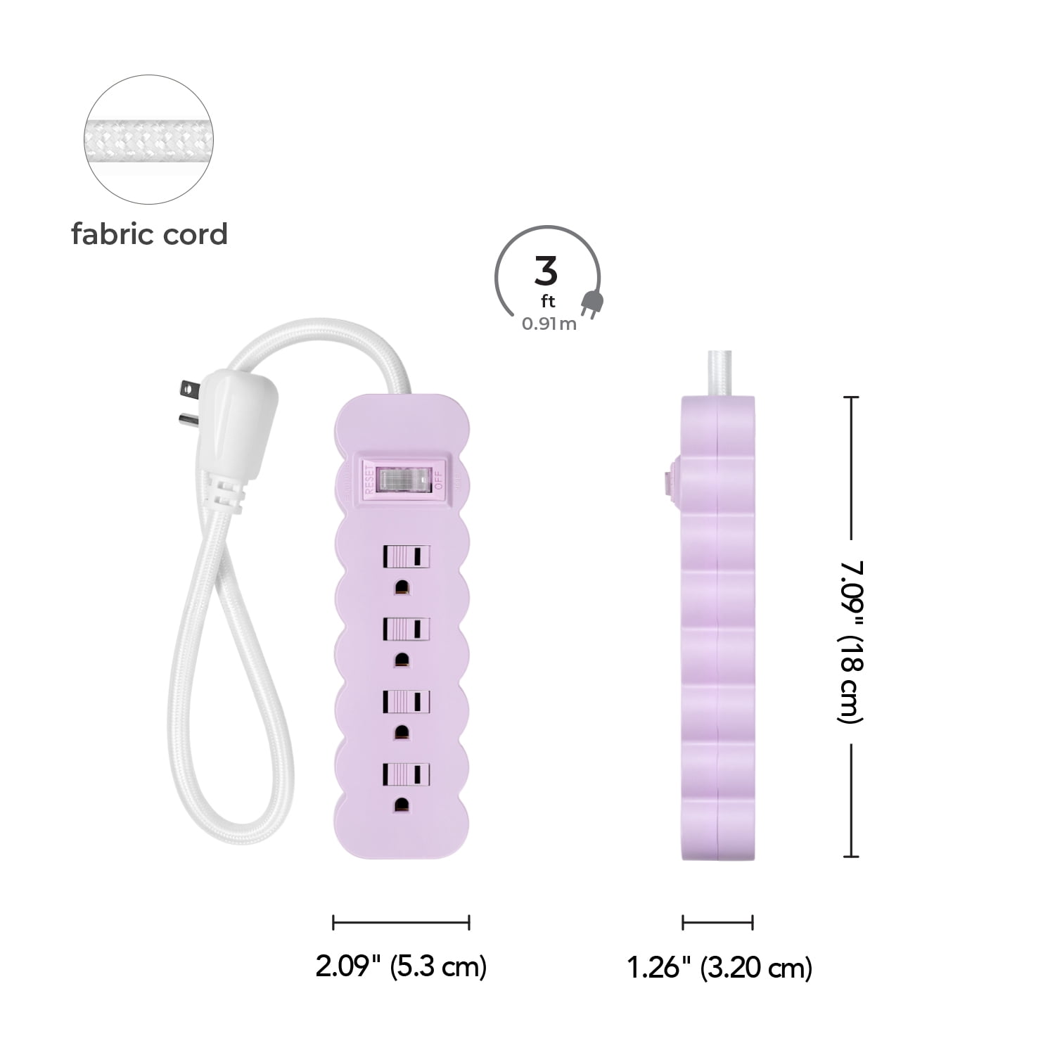 Globe Electric 4-Outlet Indoor Power Strip, 3 ft Braided Fabric Cord, Flat Plug, Pink