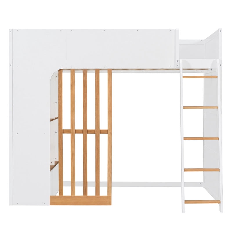 Full Size Kids Loft Bed with Shelves, Wooden High Profile Teens Storage Bed Frame with Ladder and Removable Large Drawer