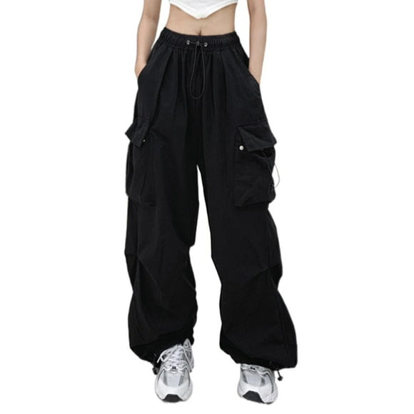 Parachute Pants for Women Cargo Pants with Pockets Elastic Waist Drawstring Baggy Hiking Pants Streetwear Y2k