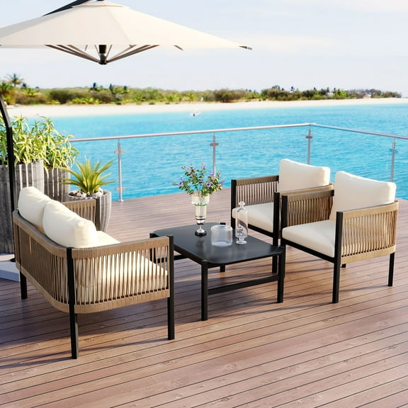 RONSHIN 2-Person Outdoor Rattan U-Shaped Sofa Set with Table, Garden Backyard Balcony Furniture