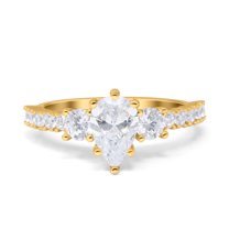 Yellow Tone, Simulated Cubic Zirconia Size-10 Teardrop Pear Art Deco Three Stone Accent Engagement Ring 925 Sterling Silver