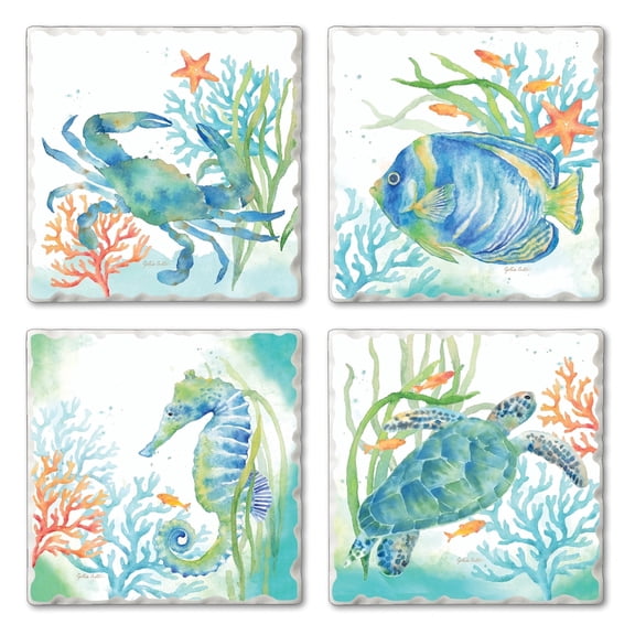 Thirstystone Sea Life Serenade 4-Pack Tumbled Tile Coasters 4" Square