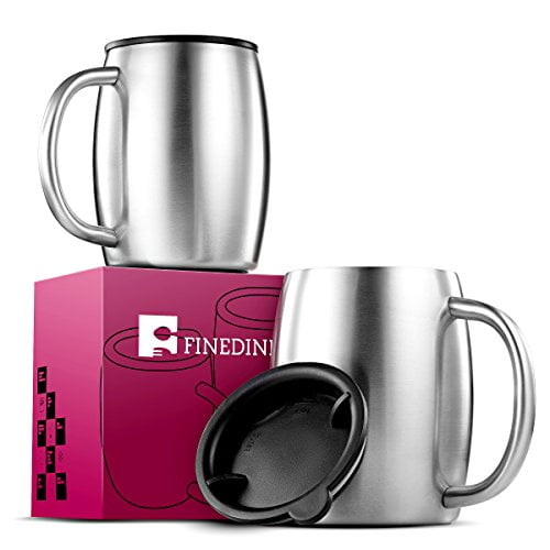 Insulated Stainless-Steel Coffee Mug with Lid and Handle (2 Pk) 14 oz.- BPA-Free Spillproof Lid, Double-Wall Camping Travel Coffee Mugs Tough & Shatterproof, Keeps Coffee/Tea Hot And Beer Cold Longer