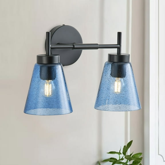 Aiwen 2-Light Wall Lamp Blue Bathroom Vanity Lamp Wall Sconce With Clear Glass Cone Lamp Shade