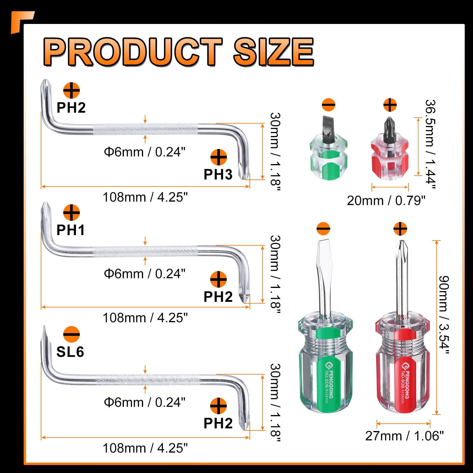Uxcell 7pcs Offset Screwdriver Set PH3/PH2 PH2/PH1 PH2/SL6 Phillips Slotted Head Right Angle 90 Degree Screw Driver Double Ended Z-type Hand Tool with Mini  Big Screwdrivers