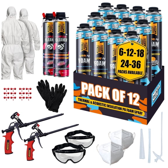 Y’allCanDIY Spray Foam Insulation Kit 12 pack (36.6 oz Each), Foam Insulation Kit, DIY Insulation Kit for Gaps & Cracks, Wall, Attic & Garage, Heat & Acoustic Insulation, with Application Kit