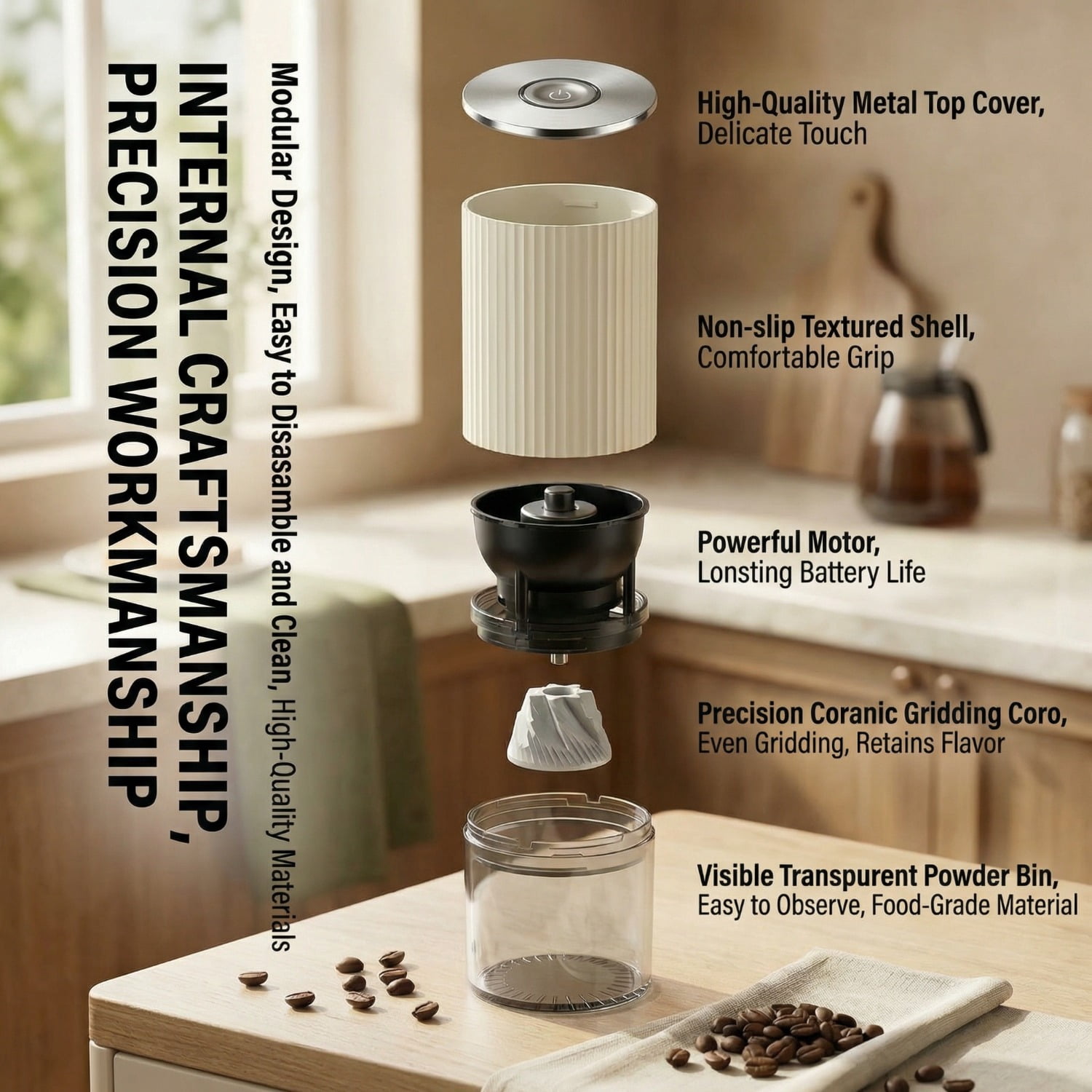 Electric Coffee Grinder USB Rechargeable, Portable Cordless Coffee Bean Grinder with Ceramic Burr, Adjustable Grind Settings for Home Kitchen