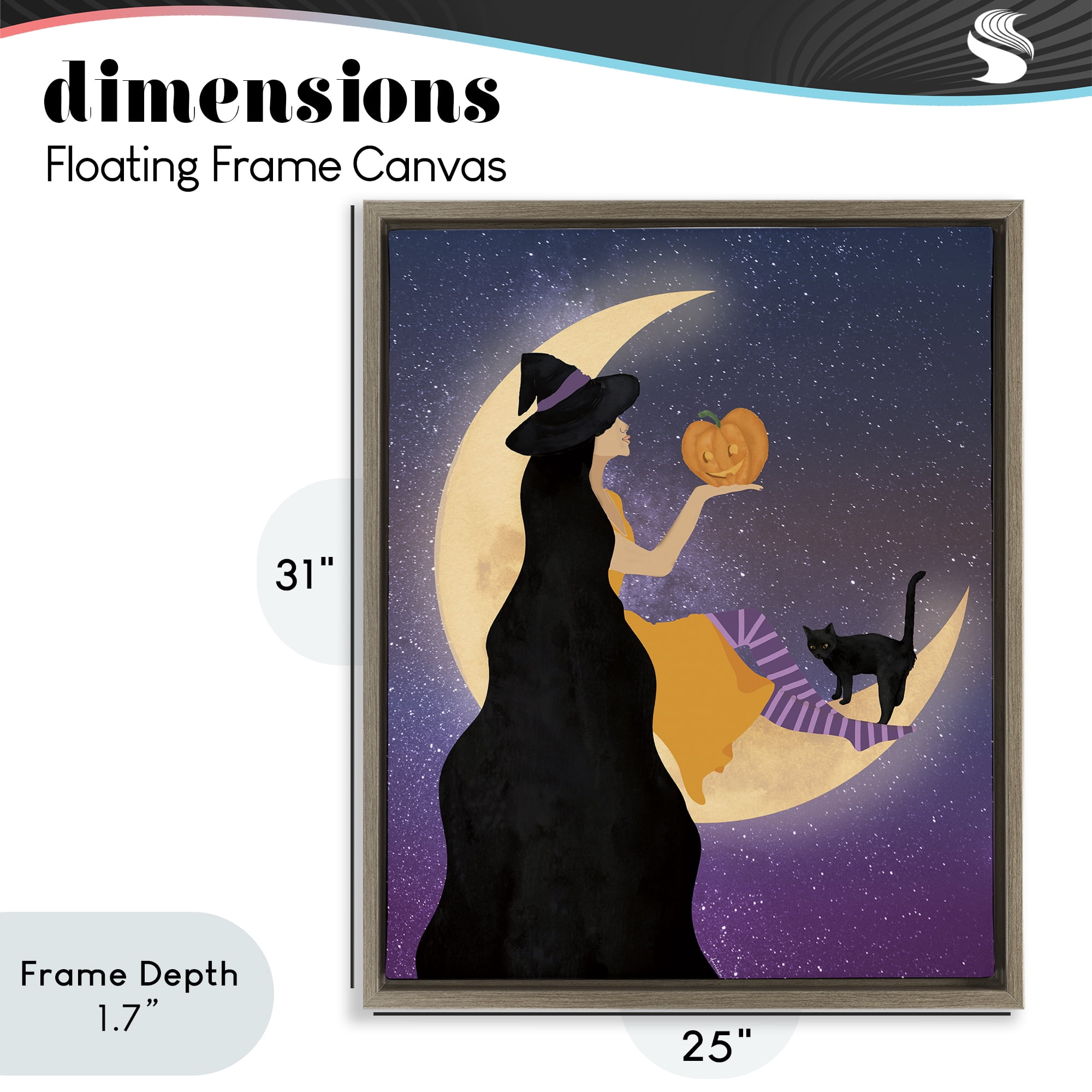 Stupell Industries Moonlit Witch Holding Jack-o-Lantern Brown Framed Floater Canvas Wall Art, design by Daniela Santiago