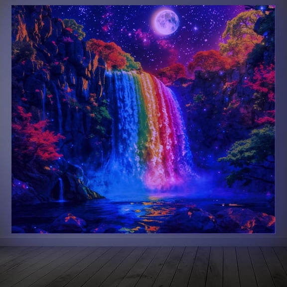 Rainbow Waterfall Blacklight Tapestry Glow in the Dark Tapestry UV Reactive Lake Moon Wall Hanging 59×51 Inch with Hook Self