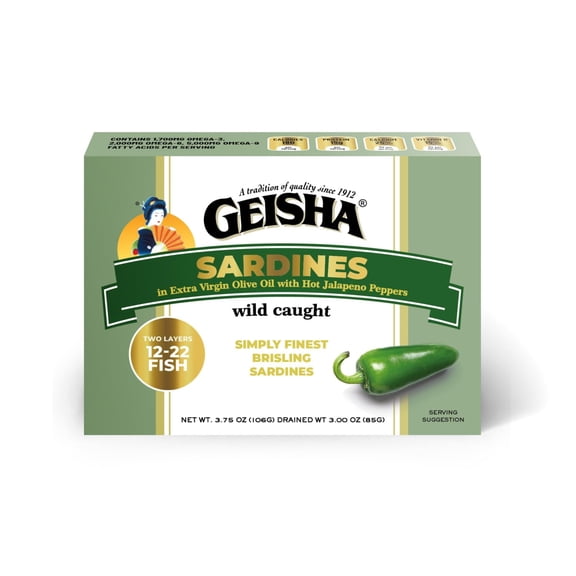 GEISHA Sardines in Extra Virgin Olive Oil with Hot Jalapeno Peppers 3.75OZ. (Pack of 9)| No Trans fat,NON-GMO,BPA NI,High Protein,Ready to Eat,Omega3 1700mg,Omega6 2000mg,Omega9 5000mg