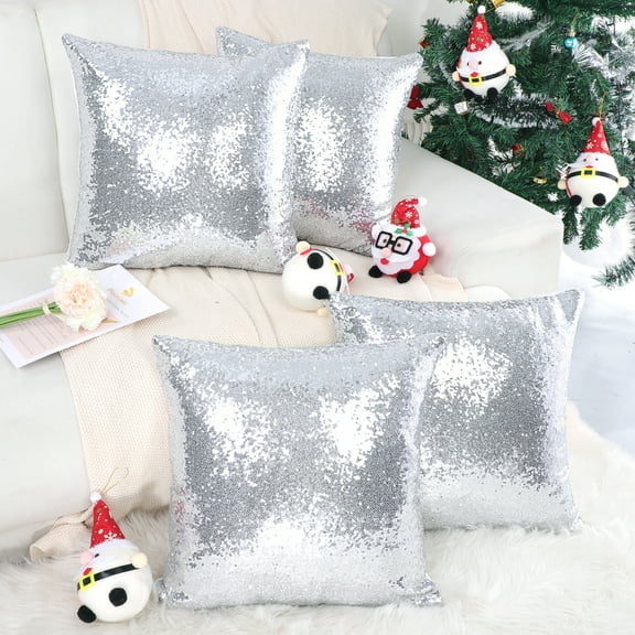 REGALWOVEN 4 Pcs Sequin Throw Pillow Covers, Decorative Cushion Covers for Sofa Car Seat, 18"x18" Silver