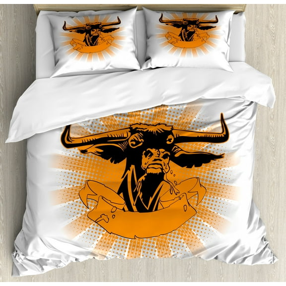 Rodeo Duvet Cover Set Queen Size, Furious Bull Against Beams and Comic Strip Style Buffalo Head Graphic, Decorative 3 Piece Bedding Set with 2 Pillow Shams, Dark Orange Charcoal Grey, by Ambesonne