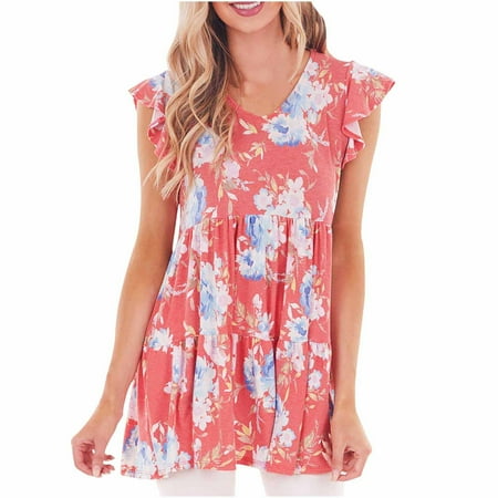 

Tunic Tops for Women Loose Fit V-Neck Cap Sleeve Ruffle Blouse Summer Floral Print Flare Flowy Shirts