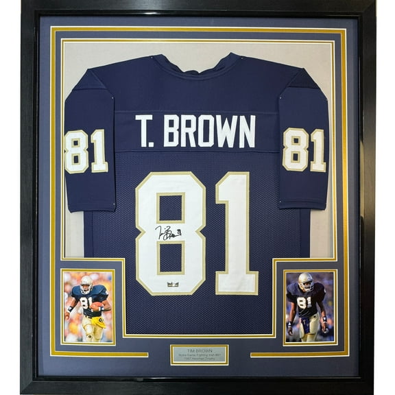 Framed Facsimile Autographed Tim Brown 35x39 Notre Dame Blue Reprint Laser Auto College Football Jersey