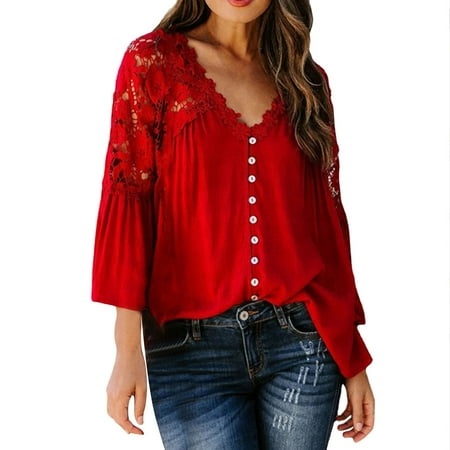 

koaiezne Womens Long Sleeve Lace Trim Tunic Tops Button Down Casual Blouse Cute V Neck Shirt Scrub Jackets Pom Shirts Women