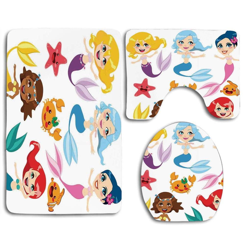 GOHAO Mermaid Collection Cute Colorful Mermaids and Sea Friends Kids Cheering Joyful 3 Piece Bathroom Rugs Set Bath Rug Contour Mat and Toilet Lid Cover