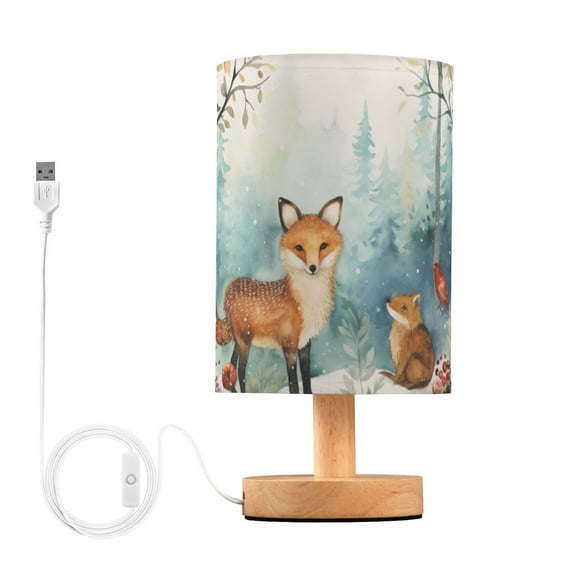 Foxes Trees Forest Flowers Table Lamp USB Bedside Desk Nightstand Lamp Printed Gifts Small Lamp Wood Base for Bedroom Living Room Kids Room College Dorm