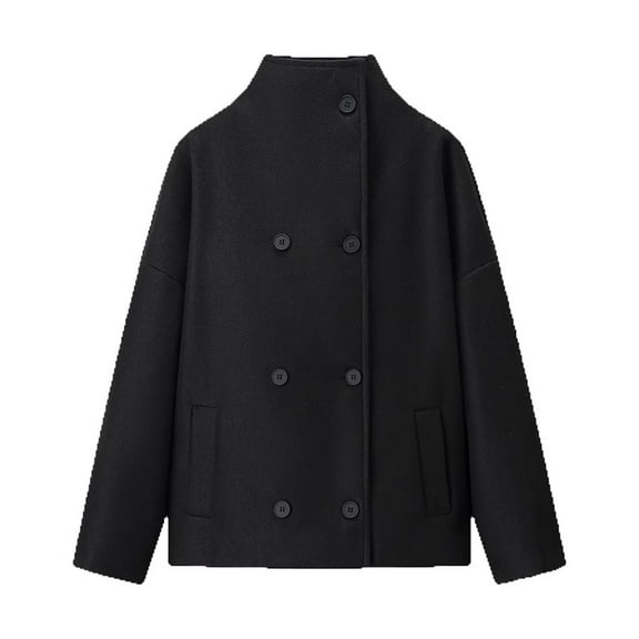 YueHuiYing Women's Fashion Stand Collar Double Breasted Short Button Trendy Outwear Winter Coat