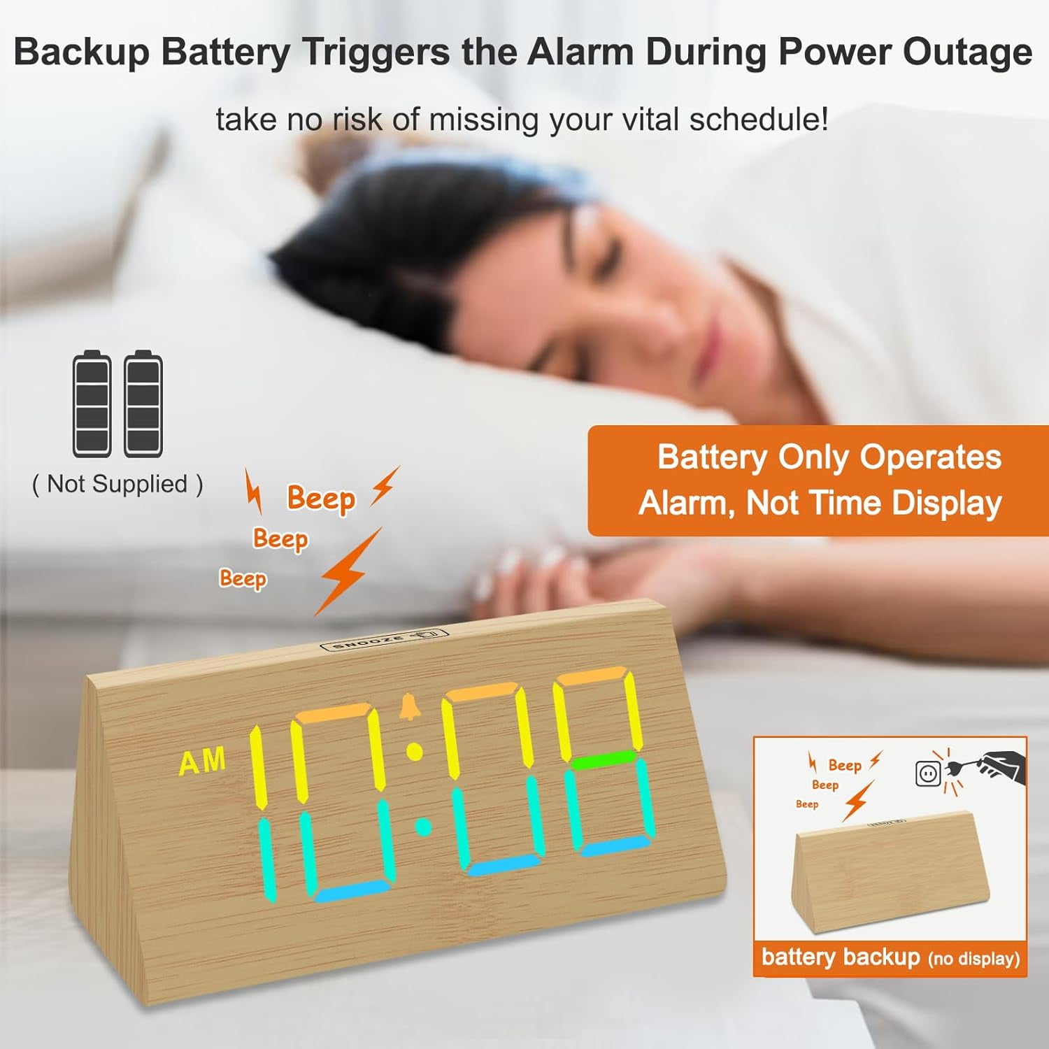 DreamSky Wooden Digital Alarm Clocks for Bedrooms - Electric Desk Clock with Large Numbers, USB Port, Loud Alarm for Heavy Sleepers, Adjustable Volume, Dimmer, DST, Wood Décor Gifts, Adapter Powered