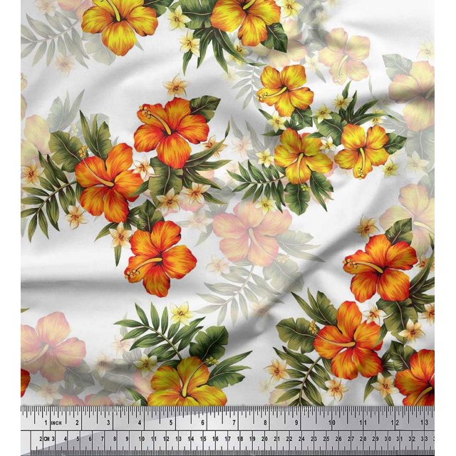 Soimoi Polyester Crepe Fabric Floral & Leaves Tropical Print Fabric by The Yard 42 Inch Wide