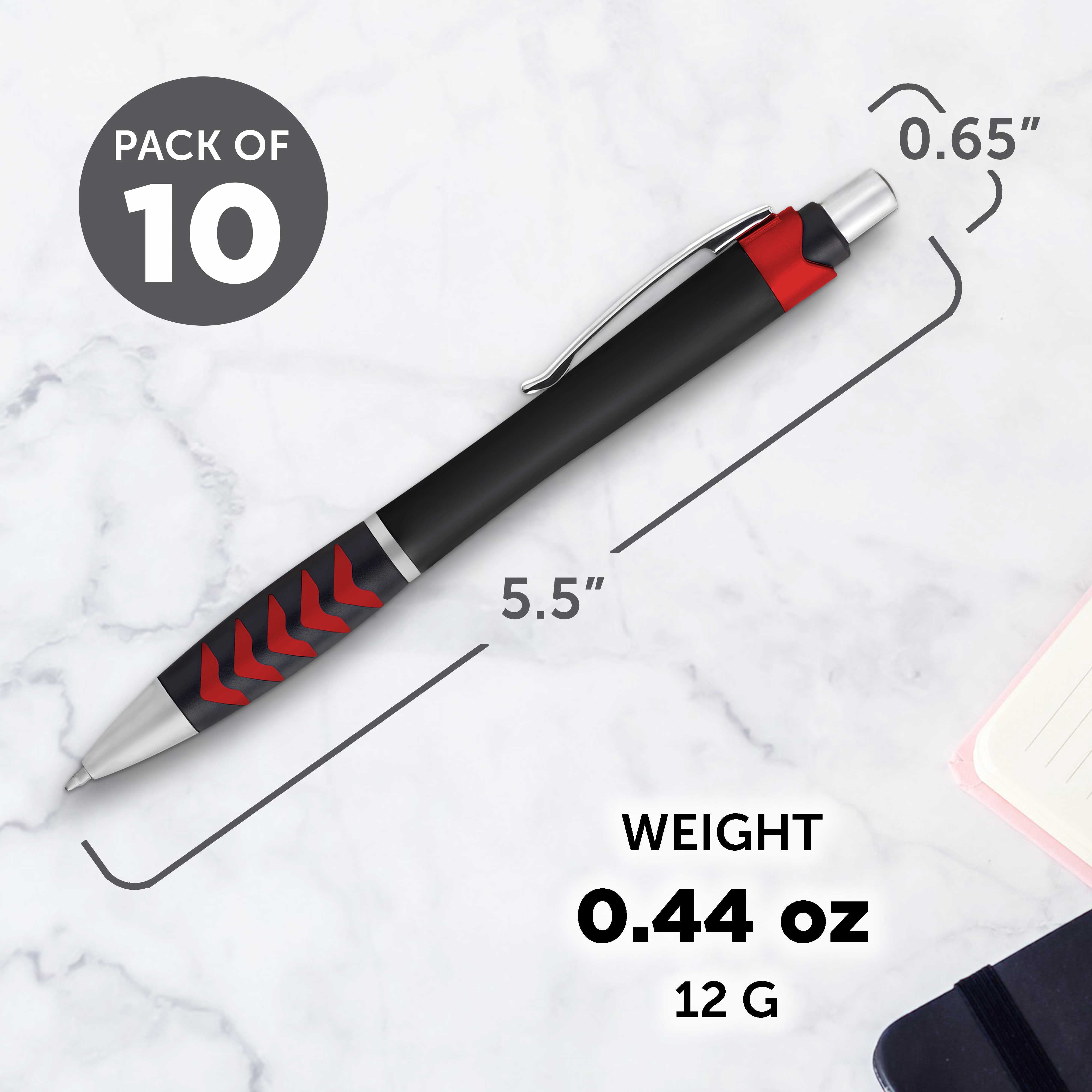 10 Racetrack Ballpoint Pens Pack - Black barrel, Colored Grip - Red